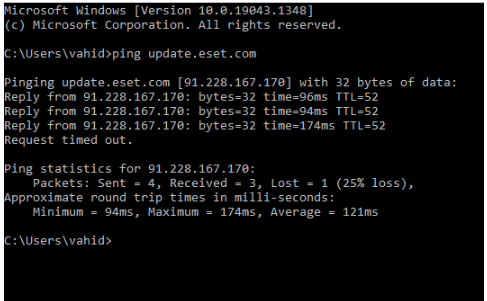 نتیجه دستور ping برای سرور ESET